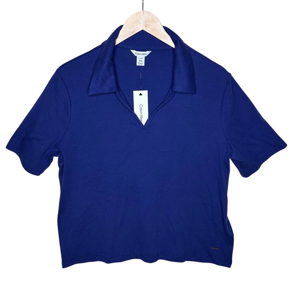 NWT Calvin Klein Women's Short Sleeve Polo Blouse size XL Blue